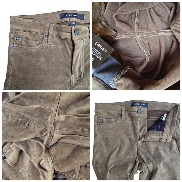 Stretch Micro Suede Skinny Pants Liverpool Abby Ankle Size 4 27 Olive Brown - Picture 5 of 9